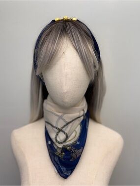 Navy Blue Square Scarf Chain Print Gold Detail Magnetic Corners 23”